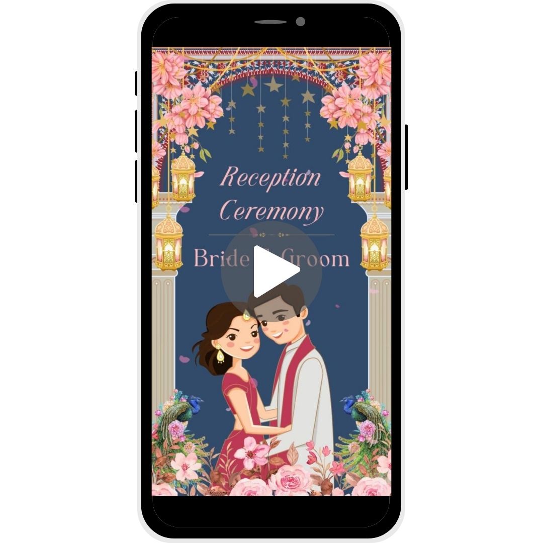 Reception invitation video named "Starry Embrace," featuring floral decor, golden lanterns, and a starry arch, with a bride and groom illustration at the bottom.