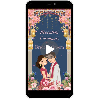 Reception invitation video named "Starry Embrace," featuring floral decor, golden lanterns, and a starry arch, with a bride and groom illustration at the bottom.