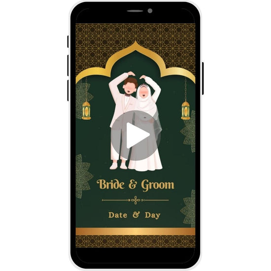 Golden Grace Muslim Wedding Invitation Video with Groom & Bride Illustration.