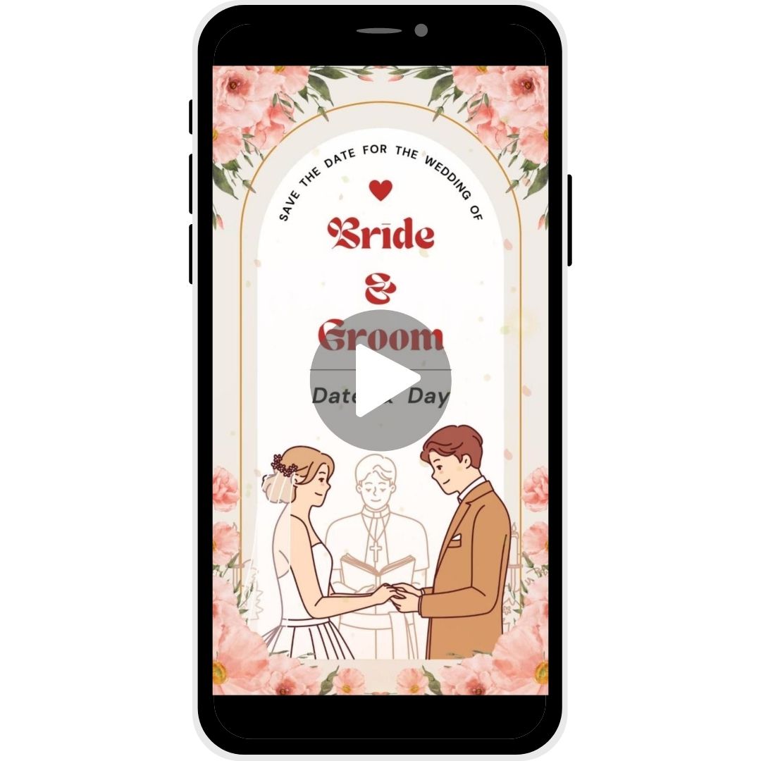 Blushing Blooms Christian wedding invitation video with soft pink florals and bride and groom illustration.