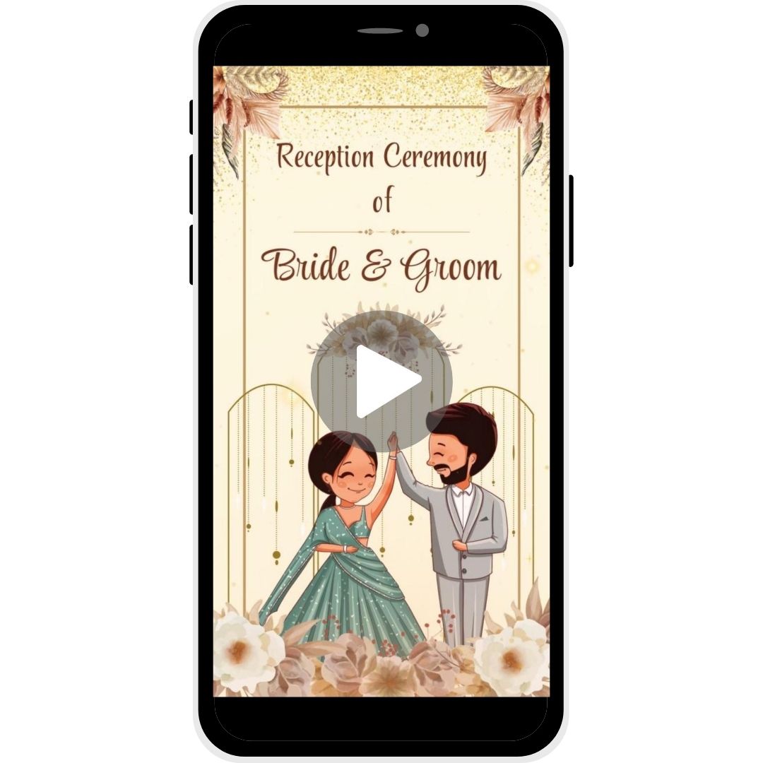Reception invitation video named "Orchid Bliss," featuring soft floral elements, a couple illustration, and a graceful arch, perfect for inviting guests to a wedding reception.