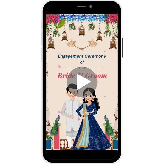 Royal Affair Engagement Invitation Video with floral and peacock motifs, featuring bride and groom illustration and space for event details.