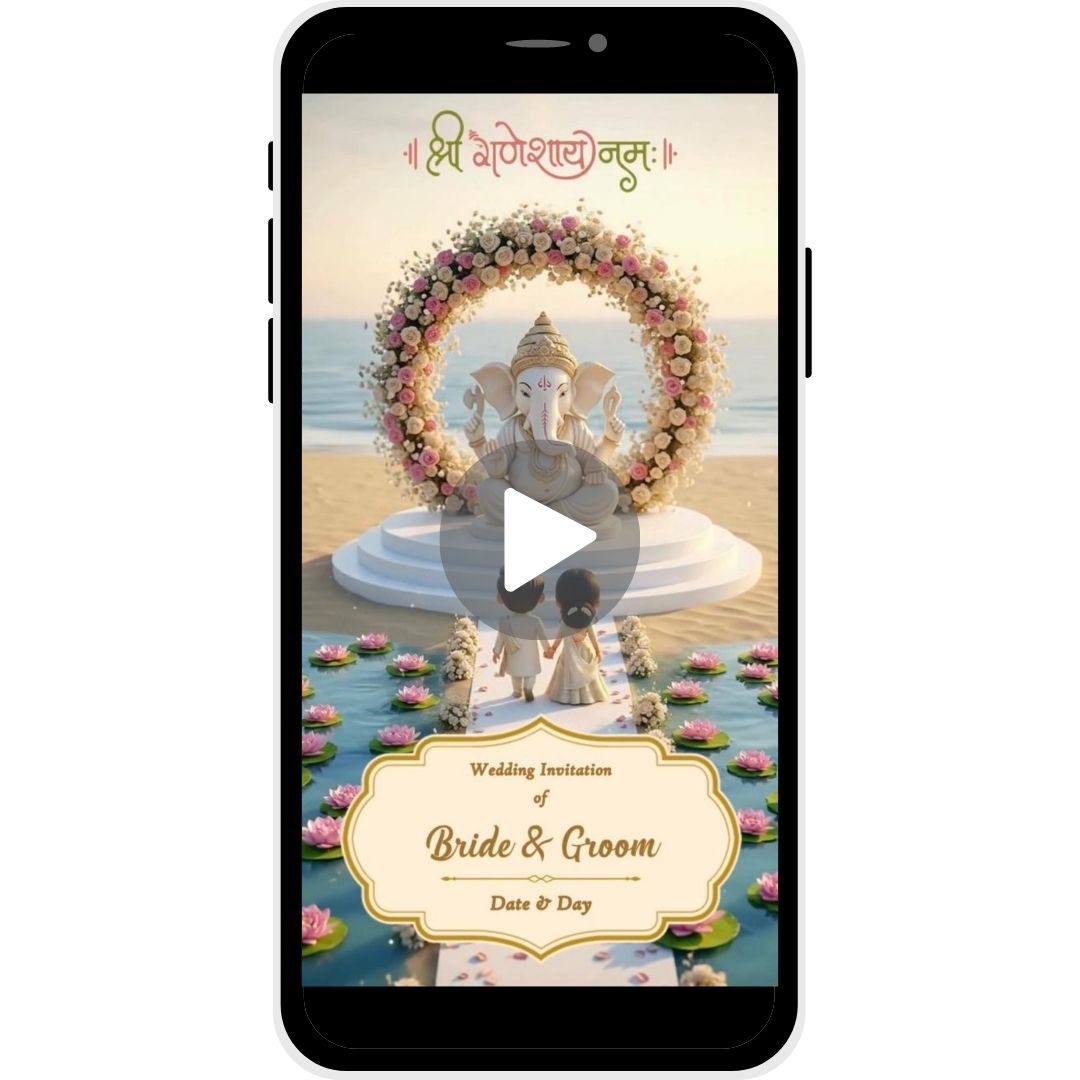 AI 3D wedding invitation video with Ganesha blessing at beach, floral mandap and couple, destination wedding invite design