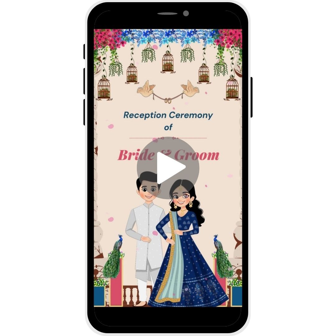 Reception invitation video named "Nature’s Grace," featuring floral decor, birdcage accents, peacock illustrations, and a couple illustration, perfect for inviting guests to a wedding reception.