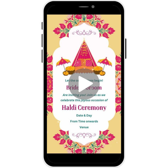 Golden Glow Haldi Ceremony Invitation Video with vibrant Indian decor, marigold flowers, festive umbrellas, and a colorful canopy for a joyful Haldi celebration.