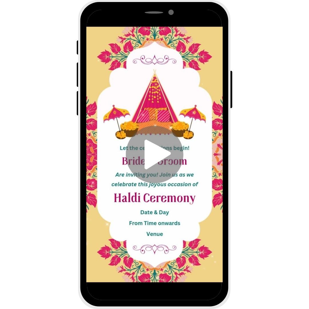 Golden Glow Haldi Ceremony Invitation Video with vibrant Indian decor, marigold flowers, festive umbrellas, and a colorful canopy for a joyful Haldi celebration.