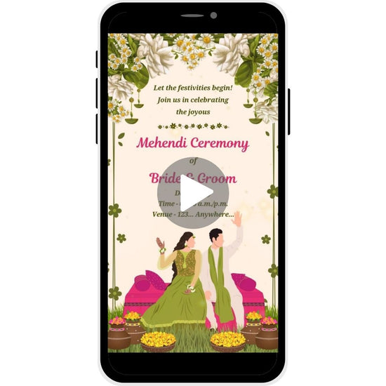 Floral Delight Mehendi Ceremony Invitation Video featuring Bride and Groom with floral decor