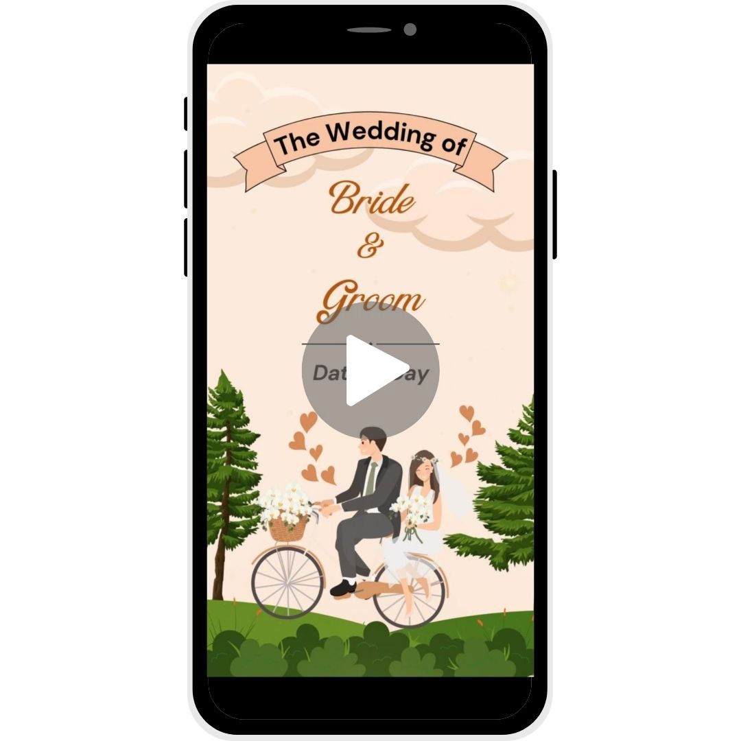 Bride and Groom cycling in a rustic setting with wedding details