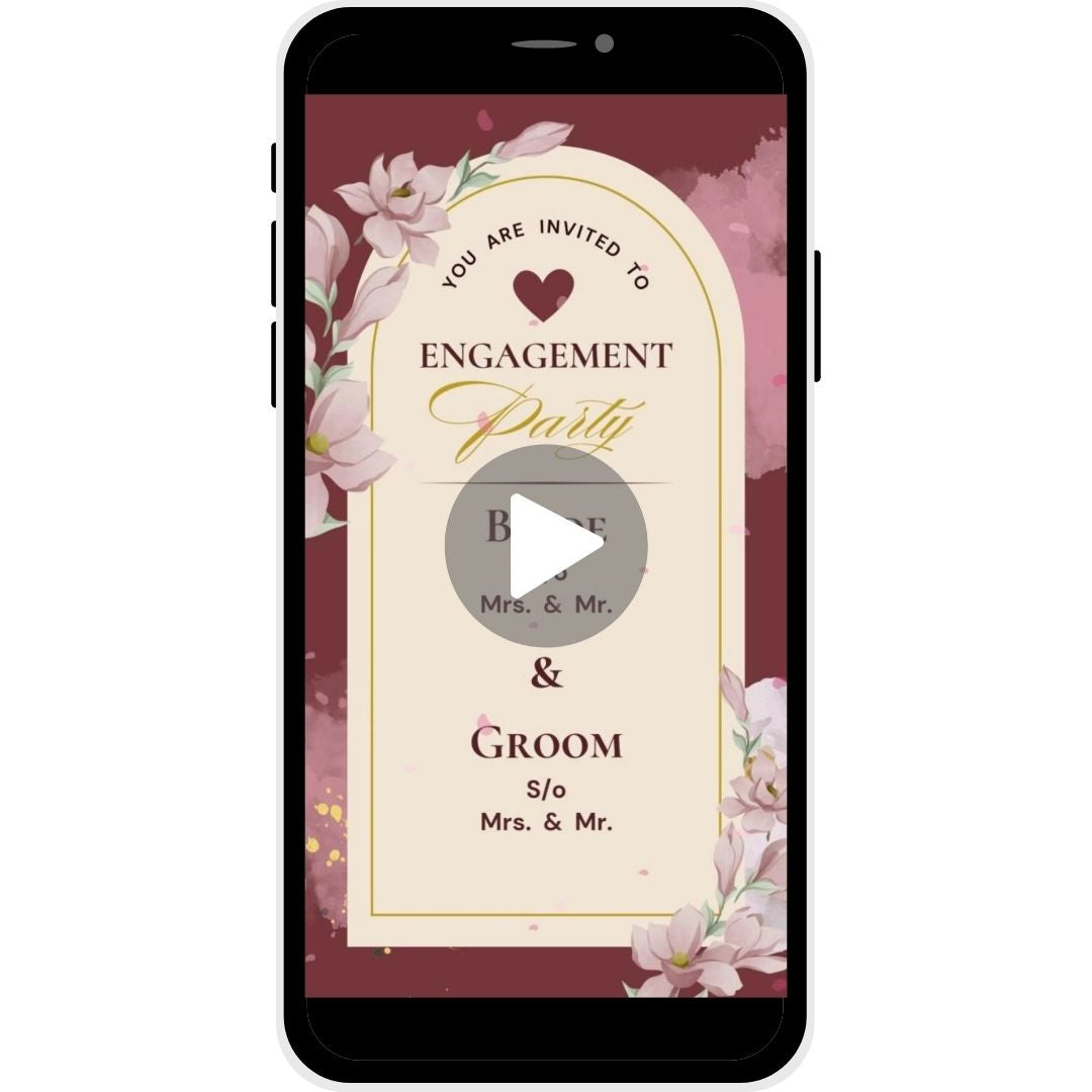 Floral Romance Engagement Invitation Video with maroon background, floral accents, and space for bride and groom details.