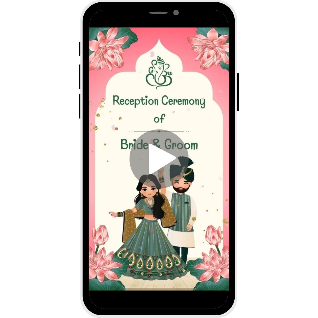 Reception invitation video named "Lotus Serenity," featuring lotus motifs, a couple illustration, and a soft, elegant color scheme, ideal for inviting guests to a wedding reception.