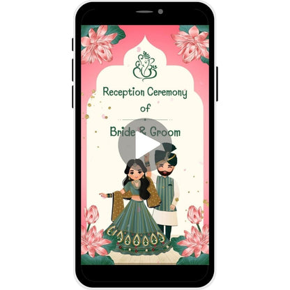 Reception invitation video named "Lotus Serenity," featuring lotus motifs, a couple illustration, and a soft, elegant color scheme, ideal for inviting guests to a wedding reception.