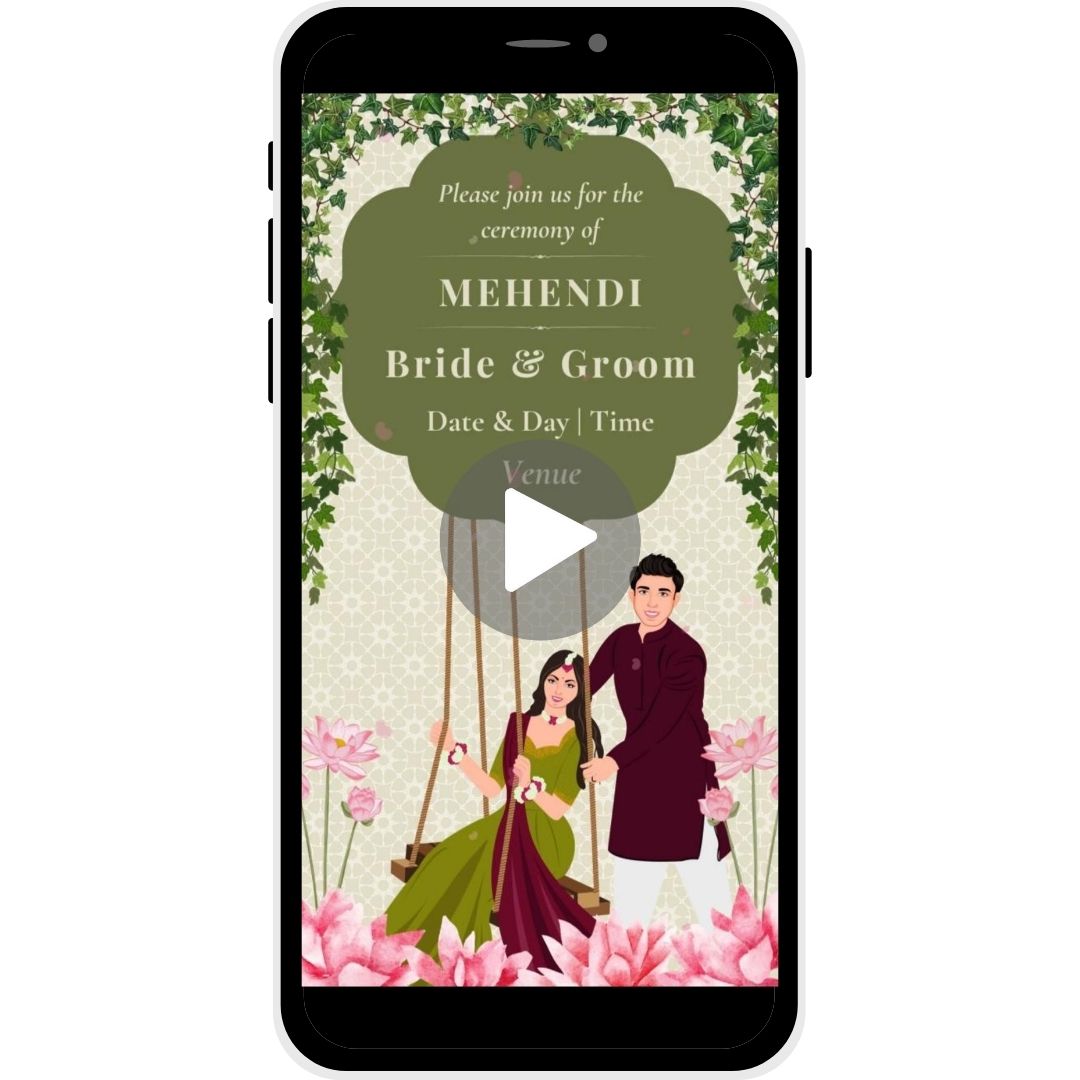 Ethereal Garden Mehendi Ceremony Invitation Video with floral decor and swing motif featuring Bride and Groom.