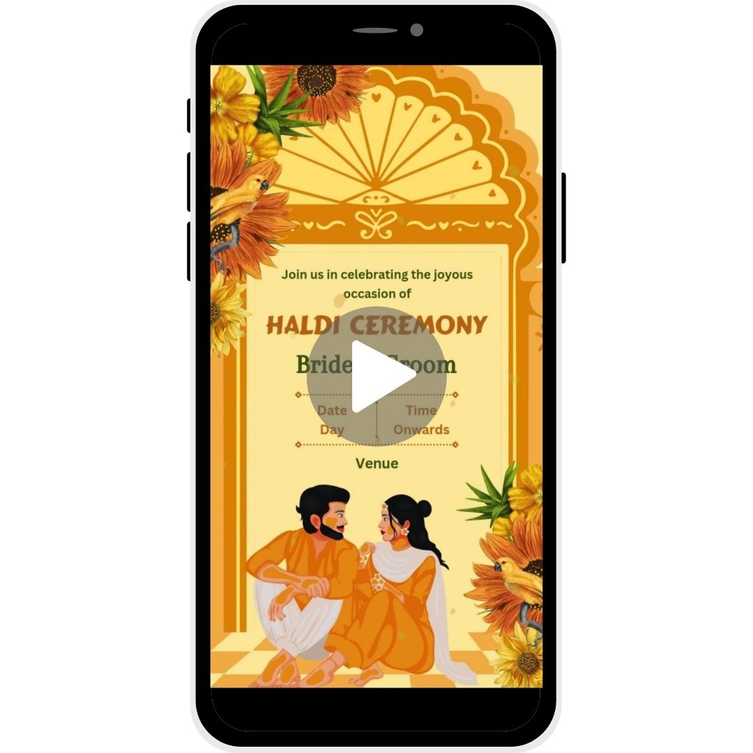 Sunshine Serenade Haldi Ceremony Invitation Video featuring sunflowers, tropical elements, and an illustration of the bride and groom in a warm, celebratory setting.