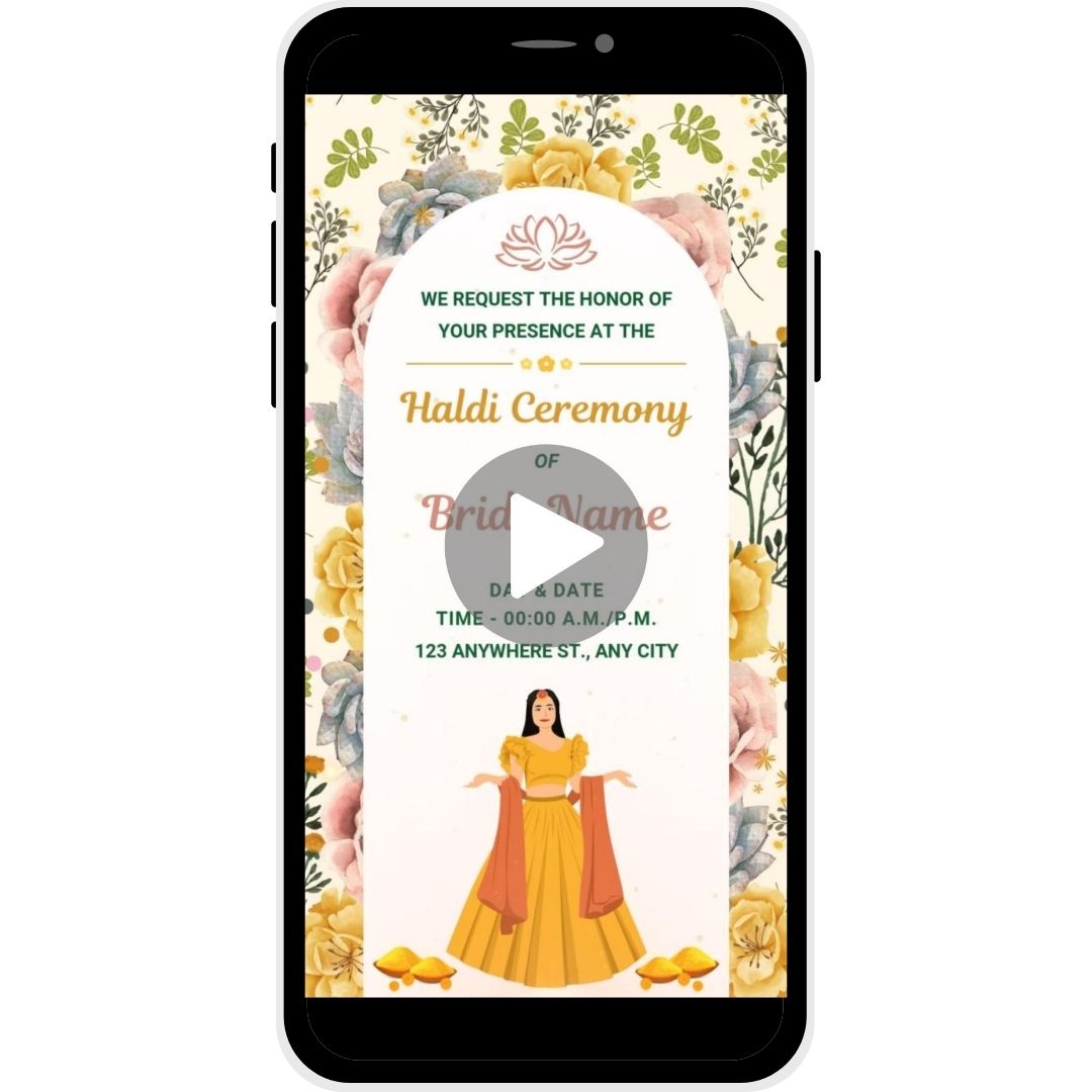 Joyful Blossoms Haldi Ceremony Invitation Video with floral designs and illustration of the bride, ideal for a festive and joyful wedding celebration.