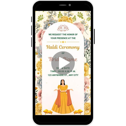 Joyful Blossoms Haldi Ceremony Invitation Video with floral designs and illustration of the bride, ideal for a festive and joyful wedding celebration.