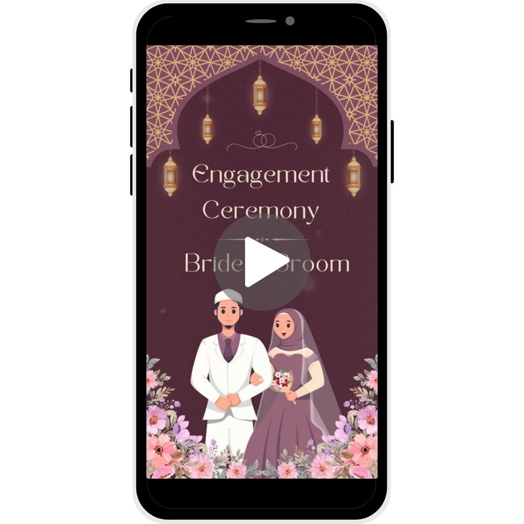 Divine Union Engagement Invitation Video with Islamic patterns, golden lanterns, floral accents, and bride and groom illustration.