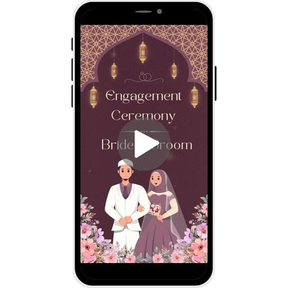Divine Union Engagement Invitation Video with Islamic patterns, golden lanterns, floral accents, and bride and groom illustration.