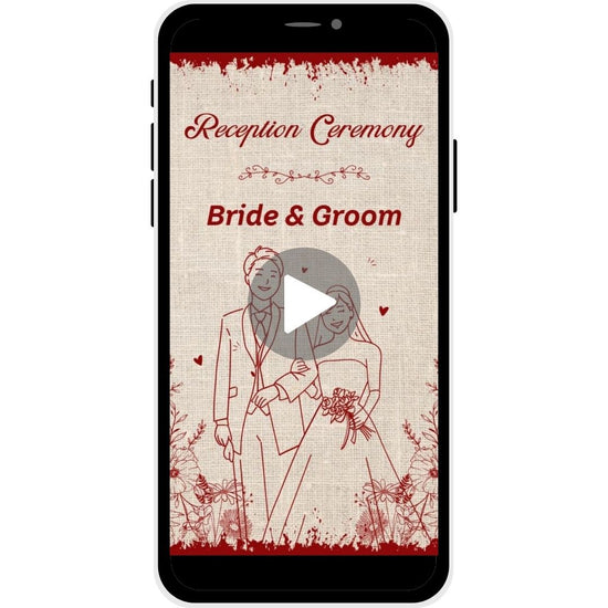 Reception invitation video named "Rustic Romance," featuring a hand-drawn couple illustration, floral accents, and a textured burlap-inspired background, ideal for a vintage-themed wedding reception.