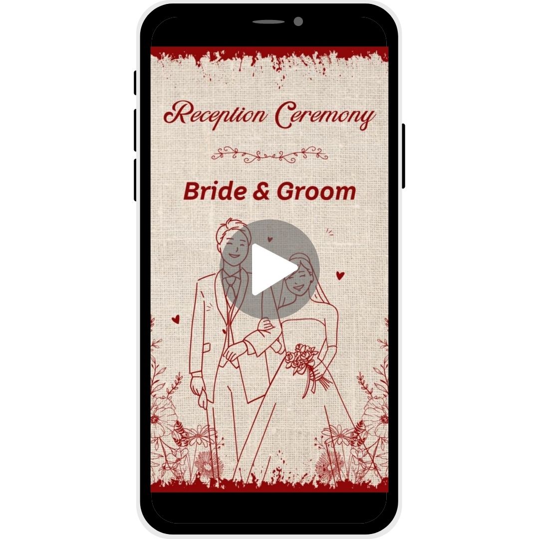 Reception invitation video named "Rustic Romance," featuring a hand-drawn couple illustration, floral accents, and a textured burlap-inspired background, ideal for a vintage-themed wedding reception.