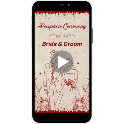 Reception invitation video named "Rustic Romance," featuring a hand-drawn couple illustration, floral accents, and a textured burlap-inspired background, ideal for a vintage-themed wedding reception.