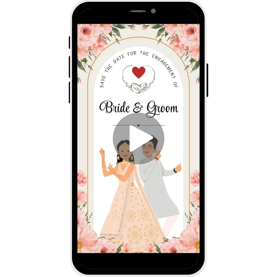 Blushing Petals Engagement Invitation Video with floral border, featuring bride and groom illustration and space for event details.