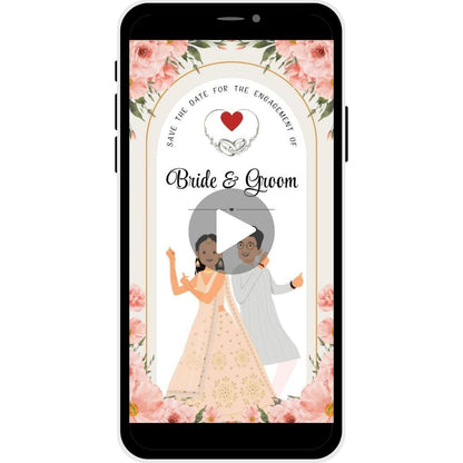 Blushing Petals Engagement Invitation Video with floral border, featuring bride and groom illustration and space for event details.