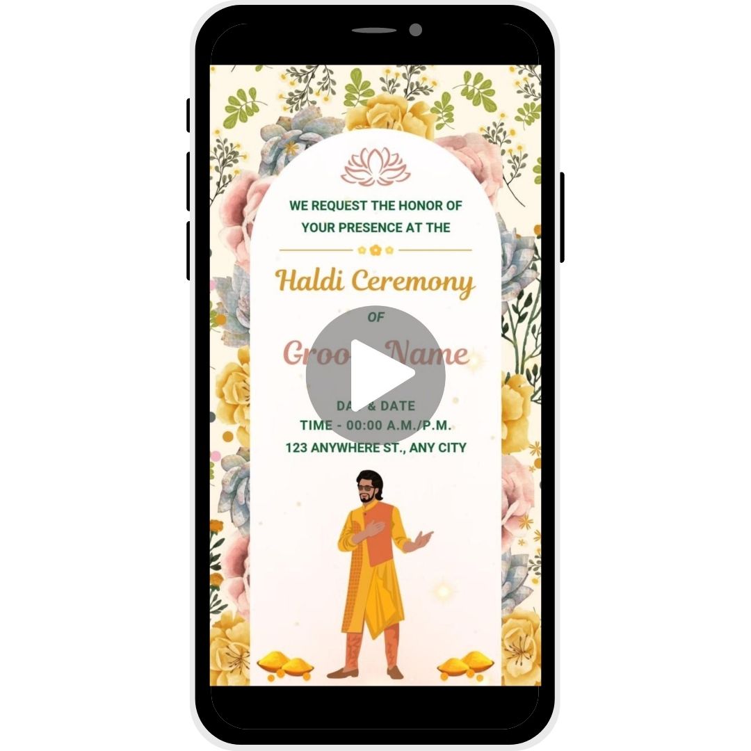 Joyful Blossoms Haldi Ceremony Invitation Card with floral designs and illustration of the groom, ideal for a festive and joyful wedding celebration.