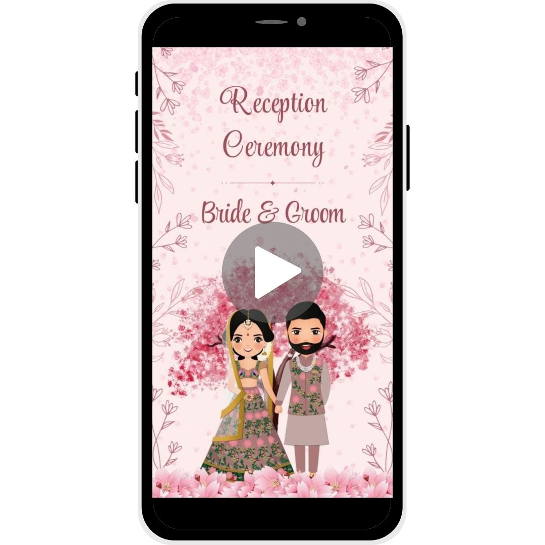Reception invitation video named "Floral Affection," featuring a couple illustration under a blossoming tree, with floral accents and soft pink hues, ideal for a wedding reception.