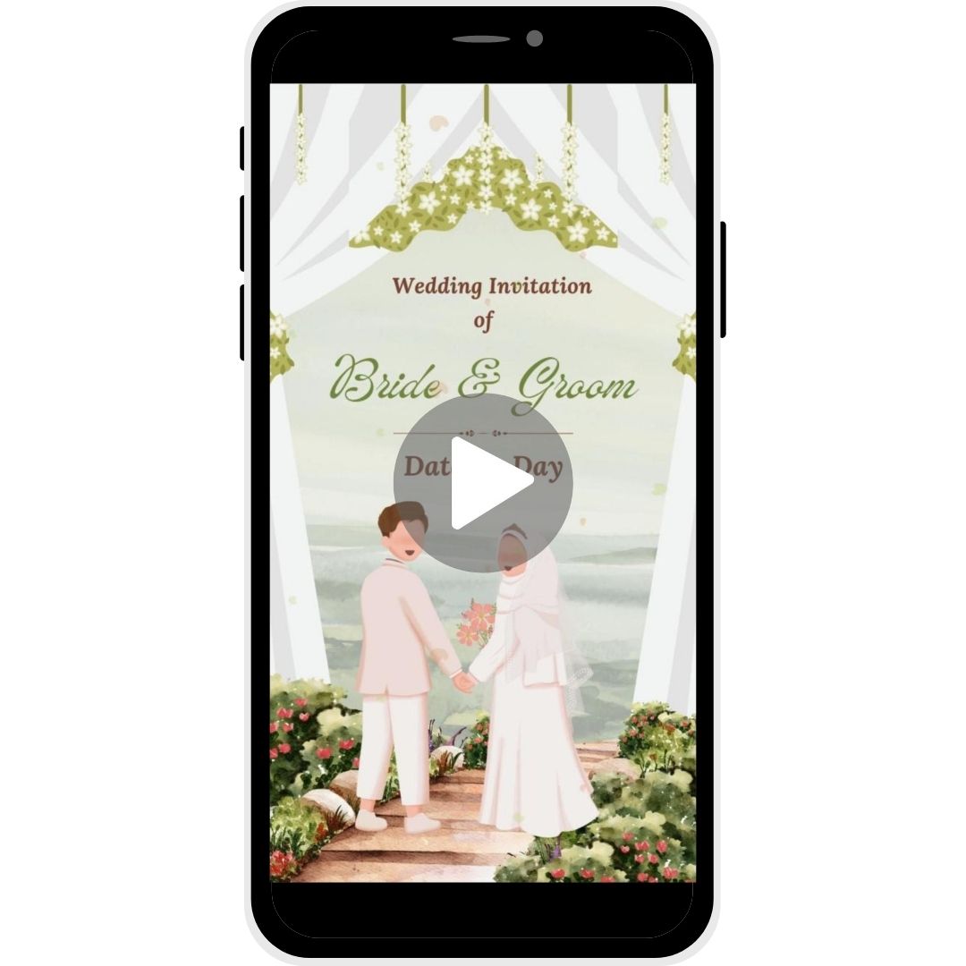 Wedding Invitation Video featuring the bride and groom illustration with floral decor.