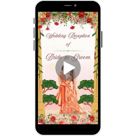 Reception invitation video named "Forever Bloom," featuring a couple illustration surrounded by vibrant flowers and greenery, ideal for a romantic wedding reception.