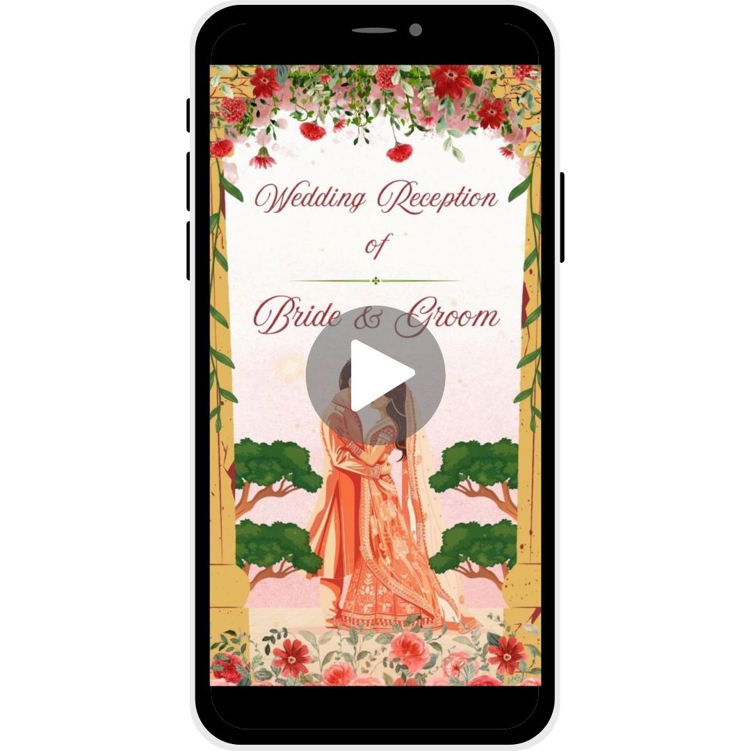 Reception invitation video named "Forever Bloom," featuring a couple illustration surrounded by vibrant flowers and greenery, ideal for a romantic wedding reception.