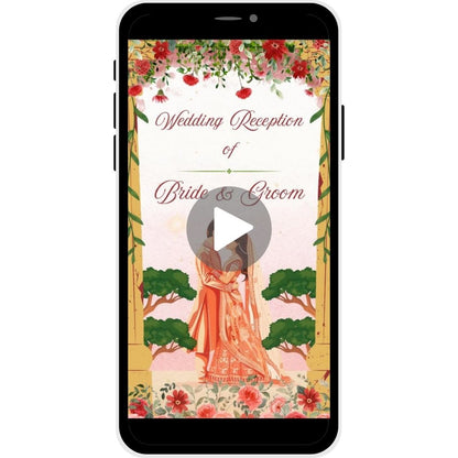 Reception invitation video named "Forever Bloom," featuring a couple illustration surrounded by vibrant flowers and greenery, ideal for a romantic wedding reception.