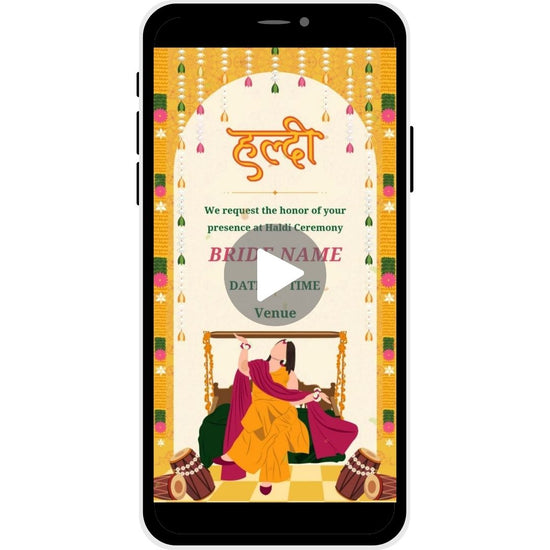 Floral Fiesta Haldi Ceremony Invitation Video for the bride featuring festive floral decor, marigold garlands, and a joyful illustration of the bride in a traditional setting, perfect for inviting guests to a vibrant pre-wedding celebration.