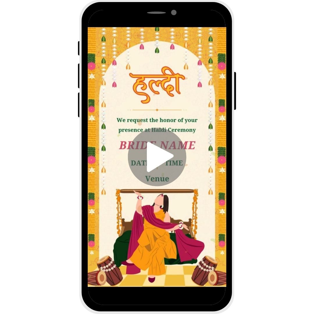 Floral Fiesta Haldi Ceremony Invitation Video for the bride featuring festive floral decor, marigold garlands, and a joyful illustration of the bride in a traditional setting, perfect for inviting guests to a vibrant pre-wedding celebration.