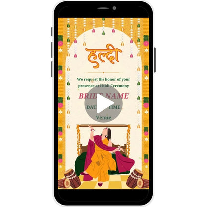 Floral Fiesta Haldi Ceremony Invitation Video for the bride featuring festive floral decor, marigold garlands, and a joyful illustration of the bride in a traditional setting, perfect for inviting guests to a vibrant pre-wedding celebration.