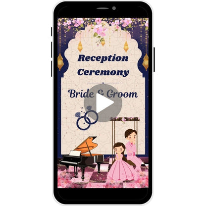 Reception invitation video named "Charming Twilight," featuring lanterns, floral decor, a grand piano, and a couple illustration, perfect for an elegant wedding reception.