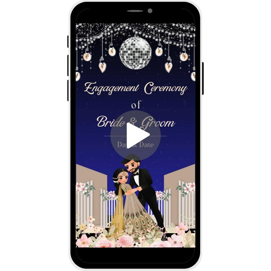 Sparkling Love Engagement Invitation Video with disco ball, soft lights, floral accents, and bride and groom illustration.