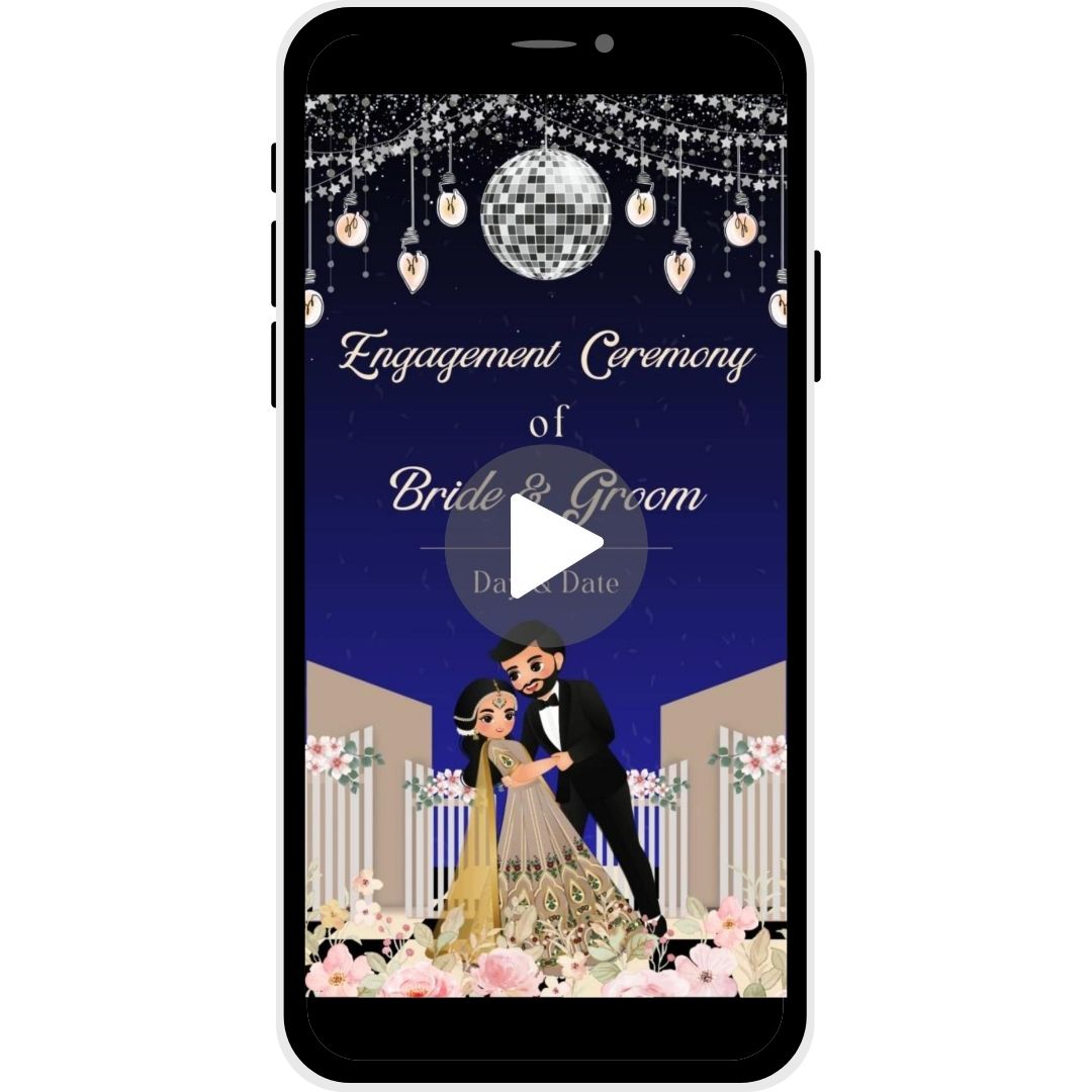 Sparkling Love Engagement Invitation Video with disco ball, soft lights, floral accents, and bride and groom illustration.
