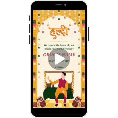 Floral Fiesta Haldi Ceremony Invitation Video for the groom featuring festive floral decor, marigold garlands, and a lively illustration of the groom in a traditional setting, ideal for inviting guests to a joyous pre-wedding ceremony.