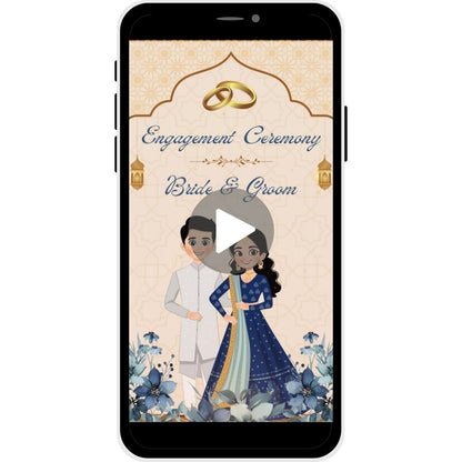 Classic Charm Engagement Invitation Video with golden accents, floral details, and bride and groom illustration.
