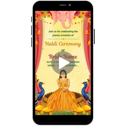Divine Glow Haldi Ceremony Invitation Video for the bride, with Ganesha motif, peacocks, and traditional floral decor for an auspicious celebration.