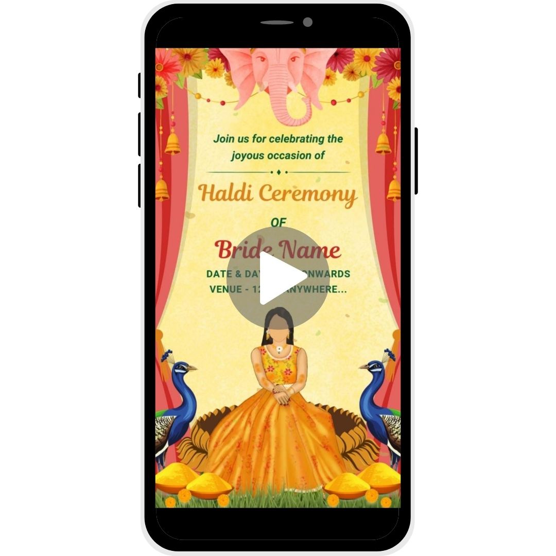 Divine Glow Haldi Ceremony Invitation Video for the bride, with Ganesha motif, peacocks, and traditional floral decor for an auspicious celebration.