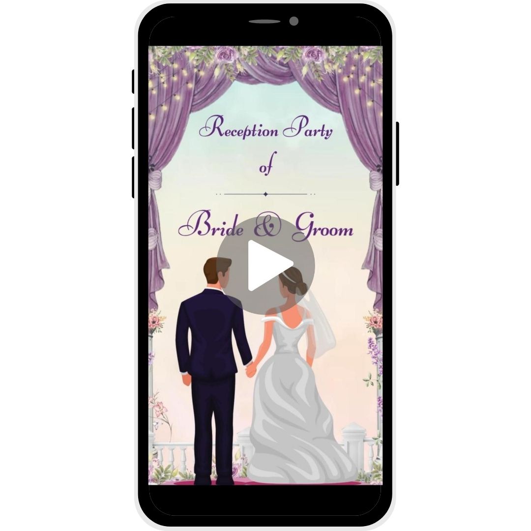 Reception invitation video named Timeless Promise, featuring a couple under lavender drapes adorned with lights, ideal for a romantic wedding reception.