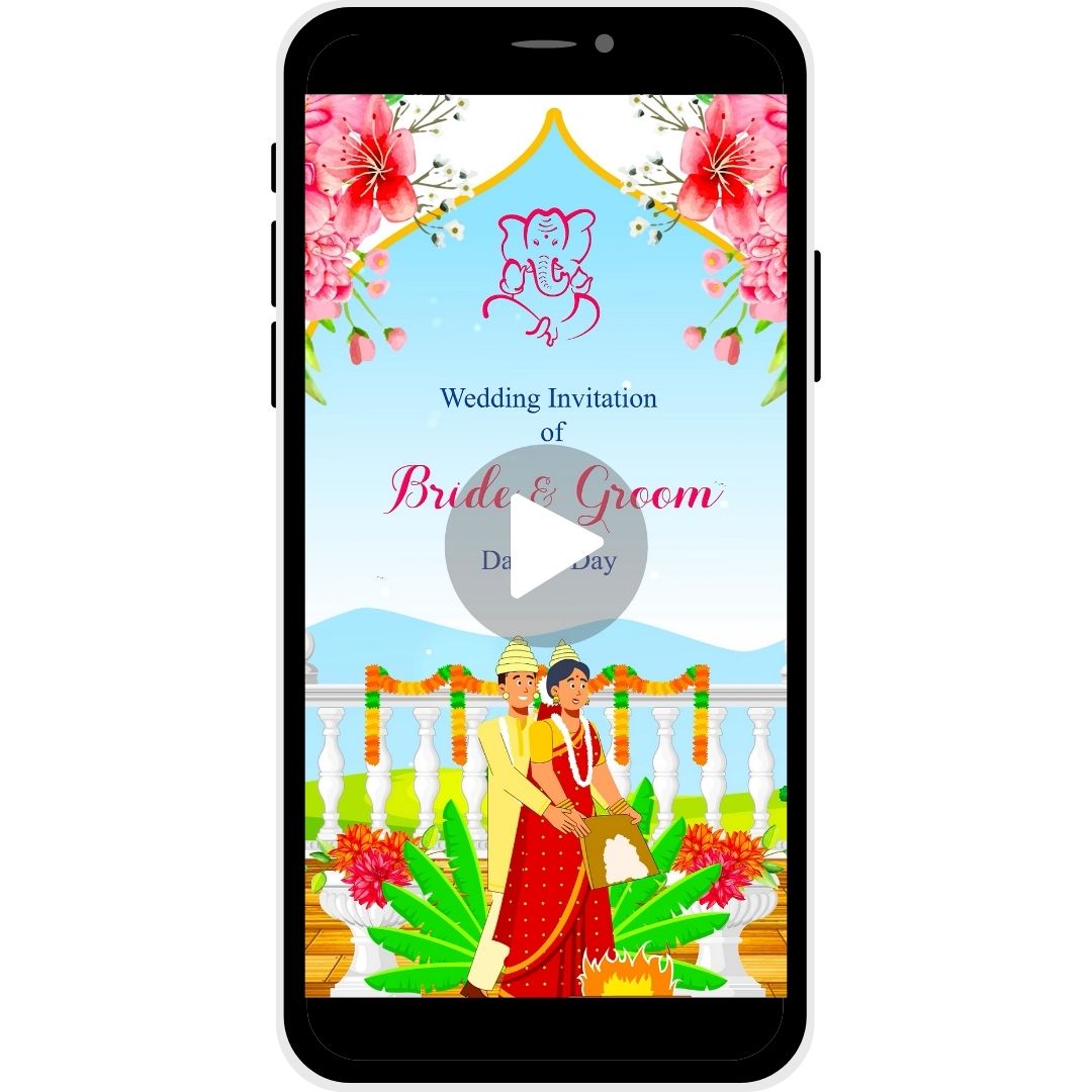 Mangal Anjali Bengali Wedding Invitation Video with traditional Bengali attire, floral decor, Lord Ganesha symbol, bride and groom names, and wedding date.