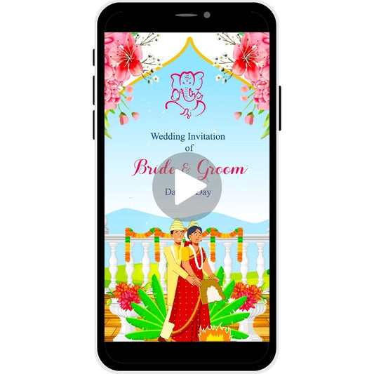 Mangal Anjali Bengali Wedding Invitation Video with traditional Bengali attire, floral decor, Lord Ganesha symbol, bride and groom names, and wedding date.