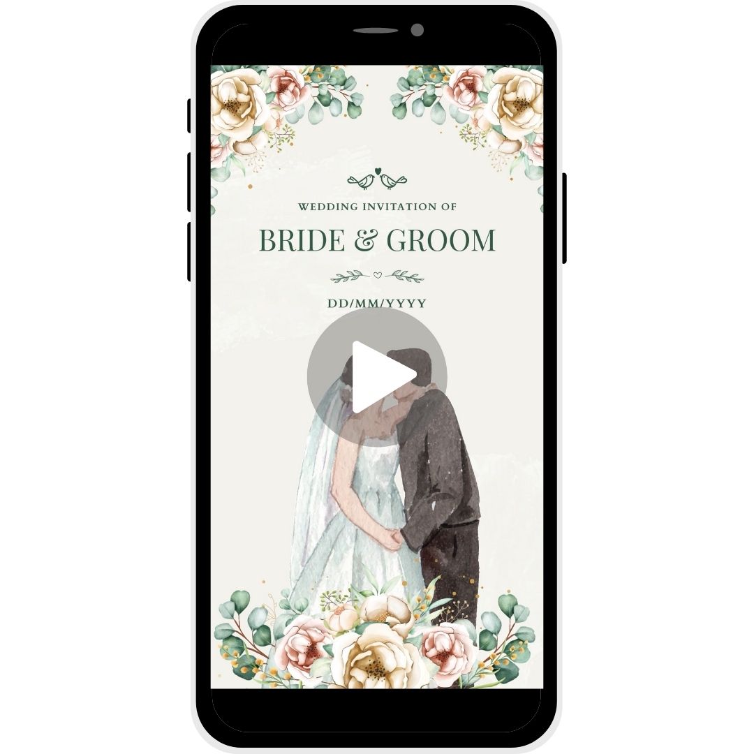 Divine Promise Christian Wedding Invitation Video with floral designs, couple illustration, bride and groom names, and wedding date.