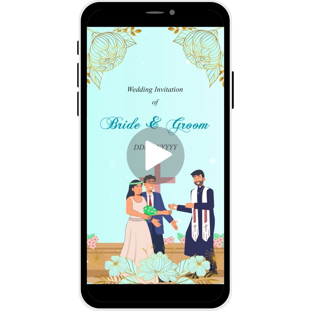 Heavenly Bond Christian Wedding Invitation Video featuring a couple with the priest, floral decorations, bride and groom names, and wedding date.