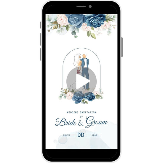 Soulful Union Christian Wedding Invitation Video with blue floral theme, couple illustration, bride and groom names, and wedding date.