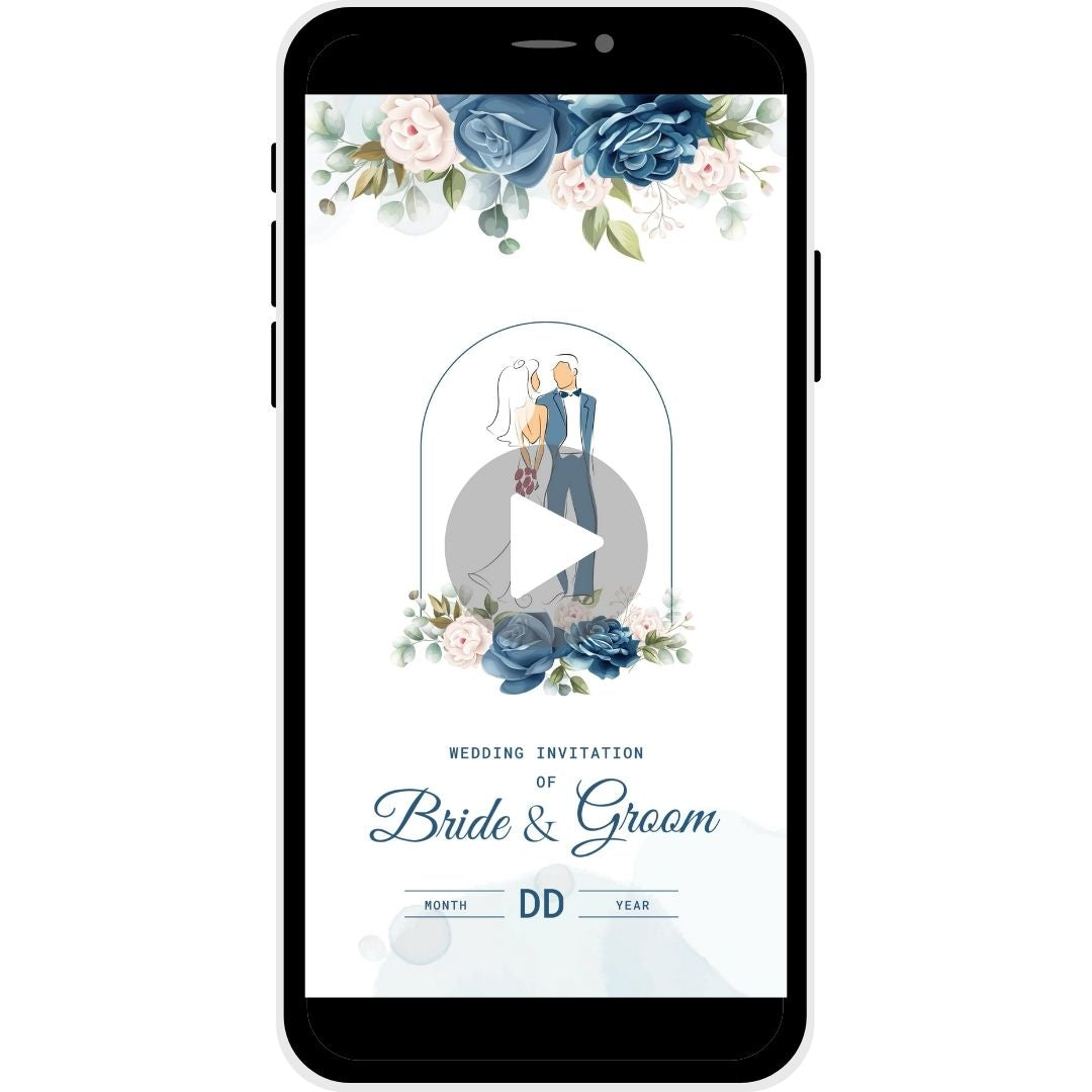 Soulful Union Christian Wedding Invitation Video with blue floral theme, couple illustration, bride and groom names, and wedding date.