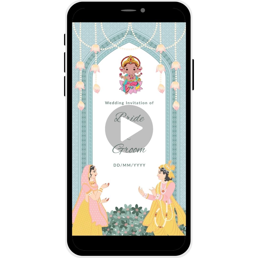 Sanskari Milan Gujarati Wedding Invitation Video featuring traditional attire, cultural decor, bride and groom names, and wedding date.